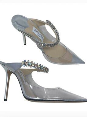Jimmy Choo Bing 100 Embellished High Heel PVC Mules Clear Silver 39